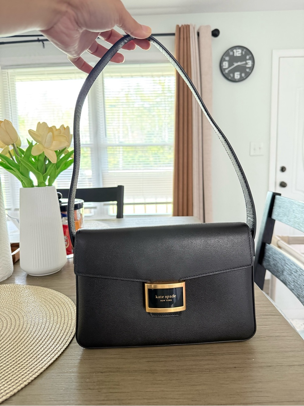 kate spade Black Leather Shoulder Bag with Gold Plaque Accent